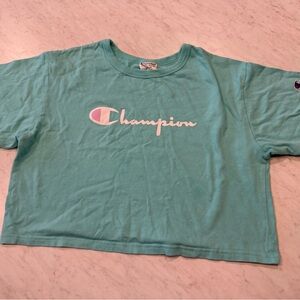 Champion Blue Crop Top with Logo Crew Neck